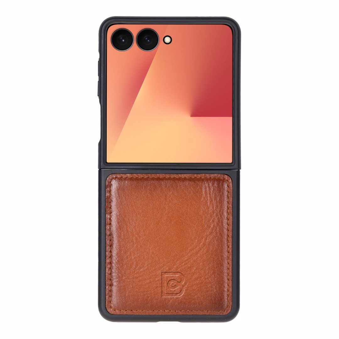 Husa premium pentru Samsung Galaxy Z Flip7 din piele naturala, slim back cover cu rama TPU moale - Bouletta Flex Cover, Burnished tan