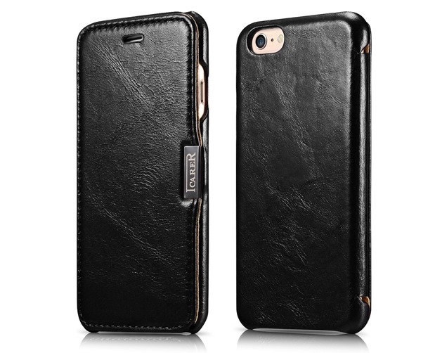 Husa slim din piele naturala, tip carte, inchidere magnetica, iPhone 6 / 6s - iCARER Vintage Side Open, Negru