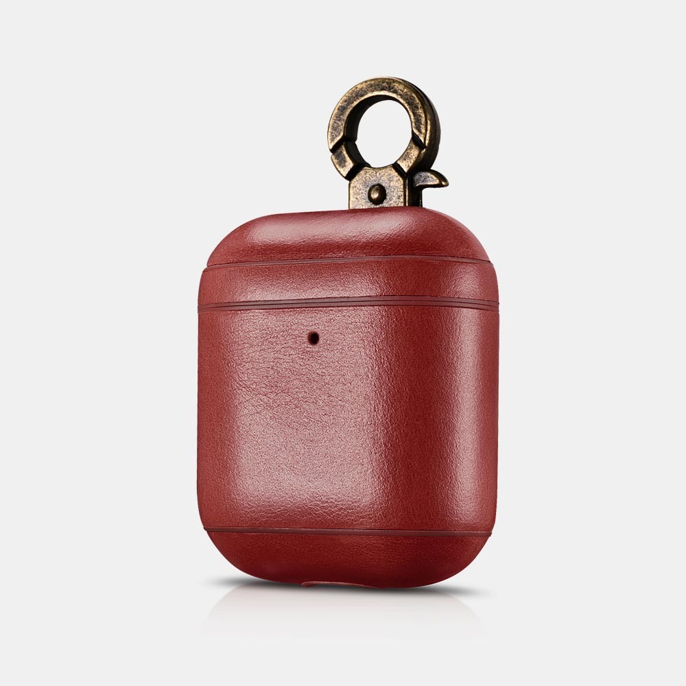 Carcasa / husa din piele naturala, interior microfibra, decupaj indicator LED, cu carabina pentru AirPods 1 / AirPods 2 - iCarer Vintage, Rosu burgund
