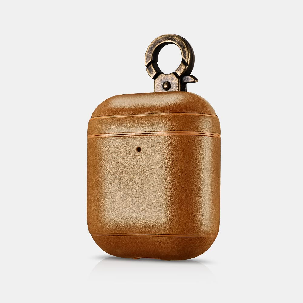 Carcasa / husa din piele naturala, interior microfibra, decupaj indicator LED, cu carabina pentru AirPods 1 / AirPods 2 - iCarer Vintage, Camel
