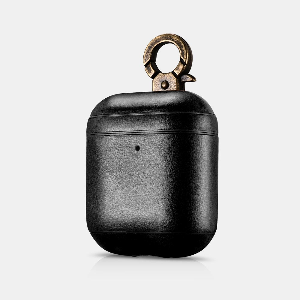Carcasa / husa din piele naturala, interior microfibra, decupaj indicator LED, cu carabina pentru AirPods 1 / AirPods 2 - iCarer Vintage, Negru