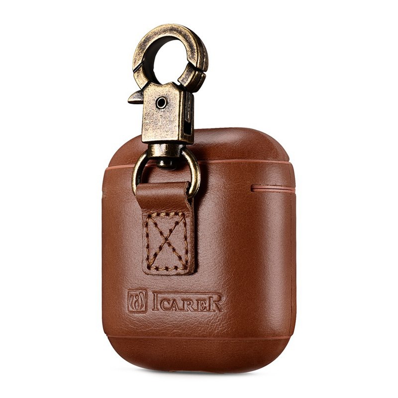 Carcasa / husa protectoare din piele naturala cu carabina pentru AirPods 1 / AirPods 2 - iCarer Vintage, Maro coniac