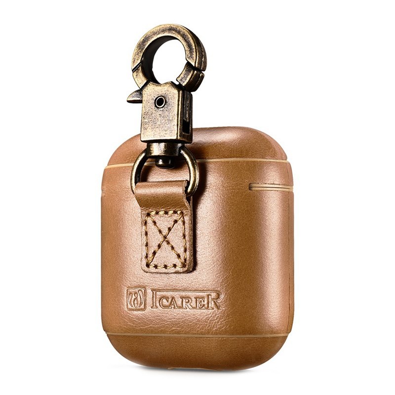 Carcasa / husa protectoare din piele naturala cu carabina pentru AirPods 1 / AirPods 2 - iCarer Vintage, Camel