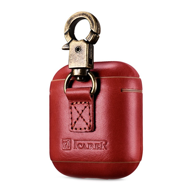 Carcasa / husa protectoare din piele naturala, interior microfibra, cu carabina pentru AirPods 1 / AirPods 2 - iCarer Vintage, Rosu burgund