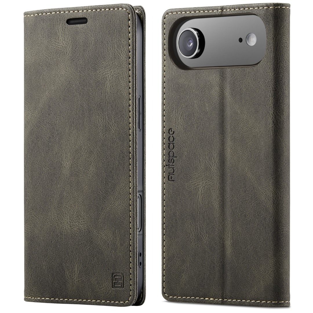 Husa pentru iPhone Air - Slim, piele moale cu textura aderenta tip piele intoarsa, portofel cu protectie RFID, functie stand pentru vizionare video, inchidere magnetica, CaseMe Retro, Maro - Stone Grey