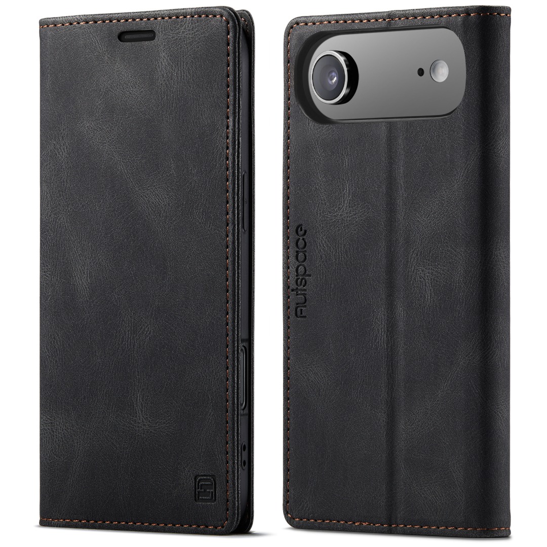 Husa pentru iPhone Air  - Slim, piele moale cu textura aderenta tip piele intoarsa, portofel cu protectie RFID, functie stand pentru vizionare video, inchidere magnetica, CaseMe Retro, Negru - Ash Black