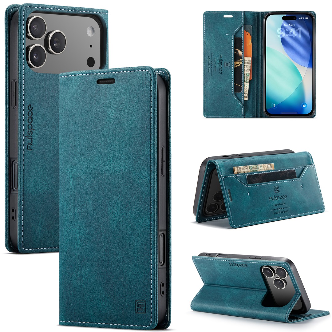 Husa pentru iPhone 17 Pro Max - Slim, piele moale cu textura aderenta tip piele intoarsa, portofel cu protectie RFID, functie stand pentru vizionare video, inchidere magnetica, CaseMe Retro,, Albastru - Ocean Teal