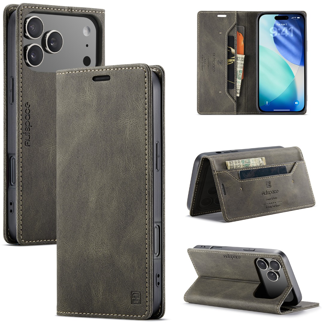 Husa pentru iPhone 17 Pro Max - Slim, piele moale cu textura aderenta tip piele intoarsa, portofel cu protectie RFID, functie stand pentru vizionare video, inchidere magnetica, CaseMe Retro, Maro - Stone Grey