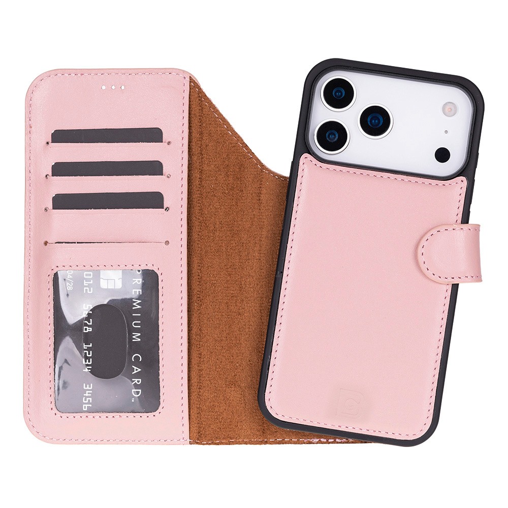 Husa piele naturala 2 in 1, cu MagSafe, tip portofel + back cover, iPhone 17 Pro Max - Bouletta Magic Wallet, Roz nude