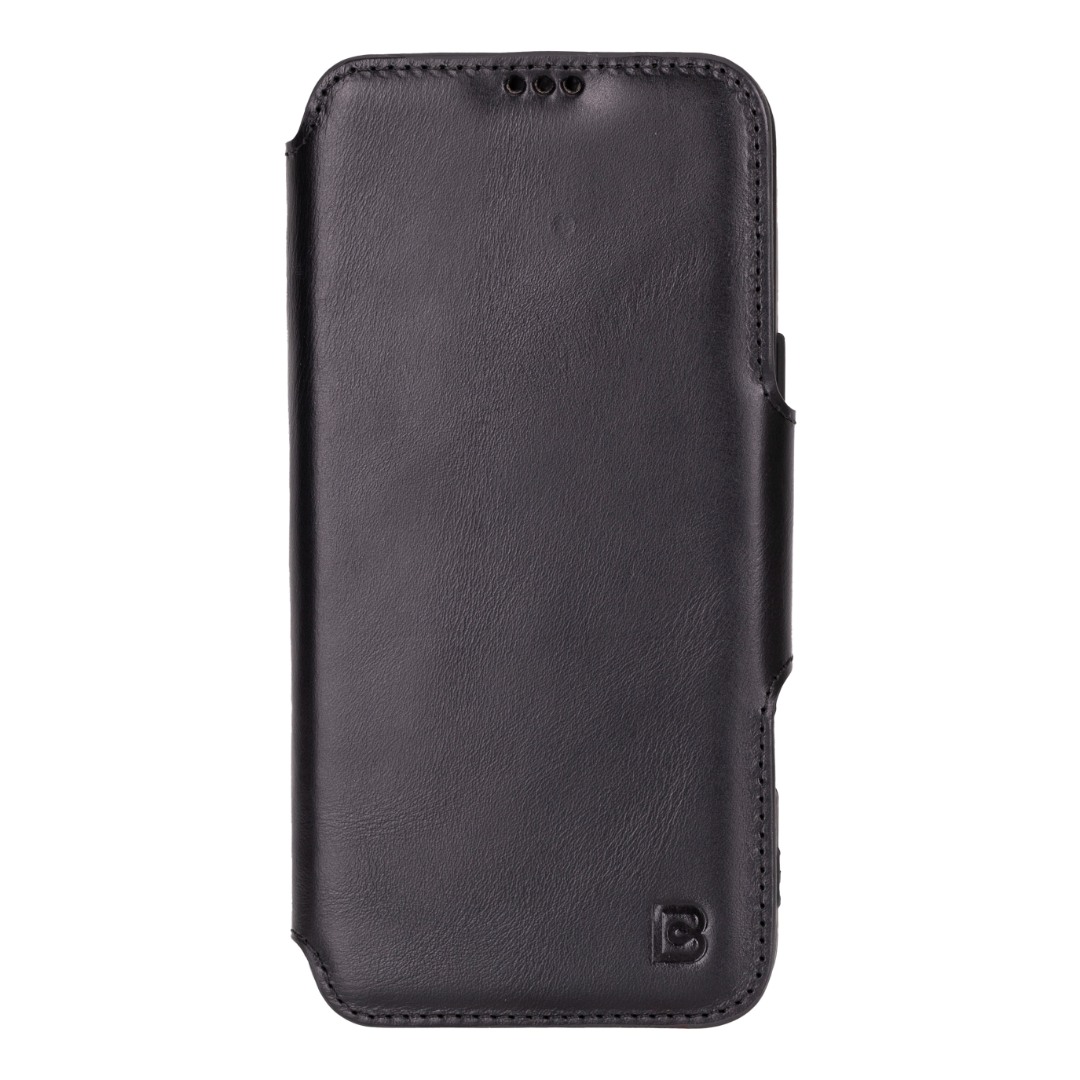 Husa slim pentru iPhone 16 Pro Max - din piele naturala premium (interior/exterior), design simplu si durabill. tip carte, inchidere sigura cu banda magnetica, suport stand & buzunare carduri, Bouletta Firenze, Rustic black