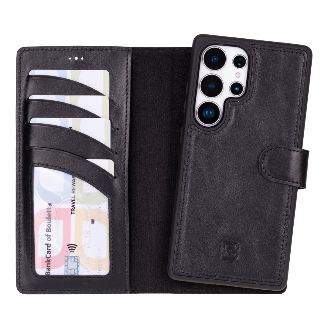 Husa polivalenta pentru Samsung Galaxy S25 Ultra din piele naturala premium, portofel + carcasa detasabila magnetic, functie vizionare video, inchidere sigura magnetica - Bouletta Magic Wallet, Rustic black