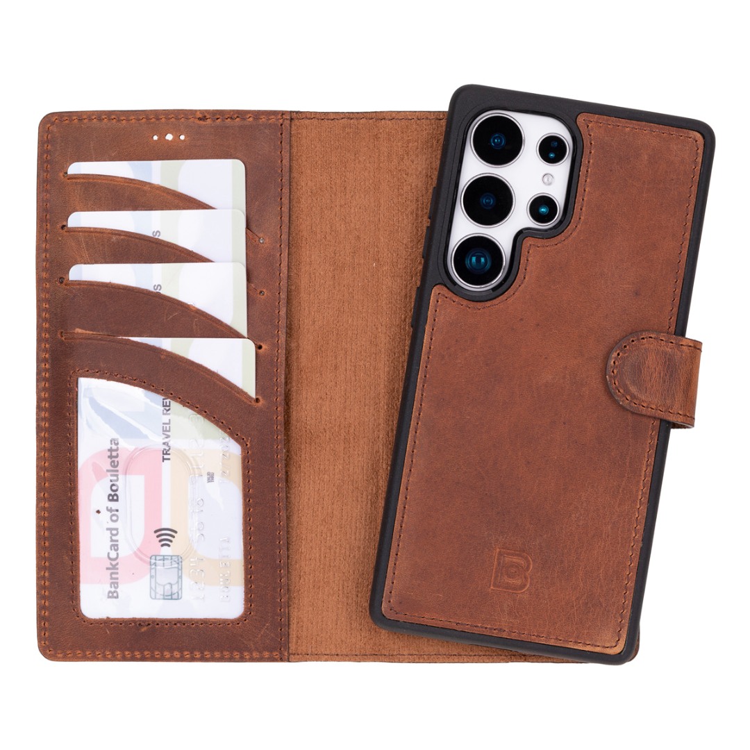 Husa polivalenta pentru Samsung Galaxy S25 Ultra din piele naturala premium, portofel + carcasa detasabila magnetic, functie vizionare video, inchidere sigura magnetica - Bouletta Magic Wallet, Antique brown