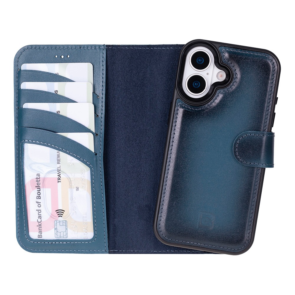 Husa piele naturala 2 in 1, cu MagSafe, tip portofel + back cover, iPhone 17 - Bouletta Magic Wallet, Burnished blue