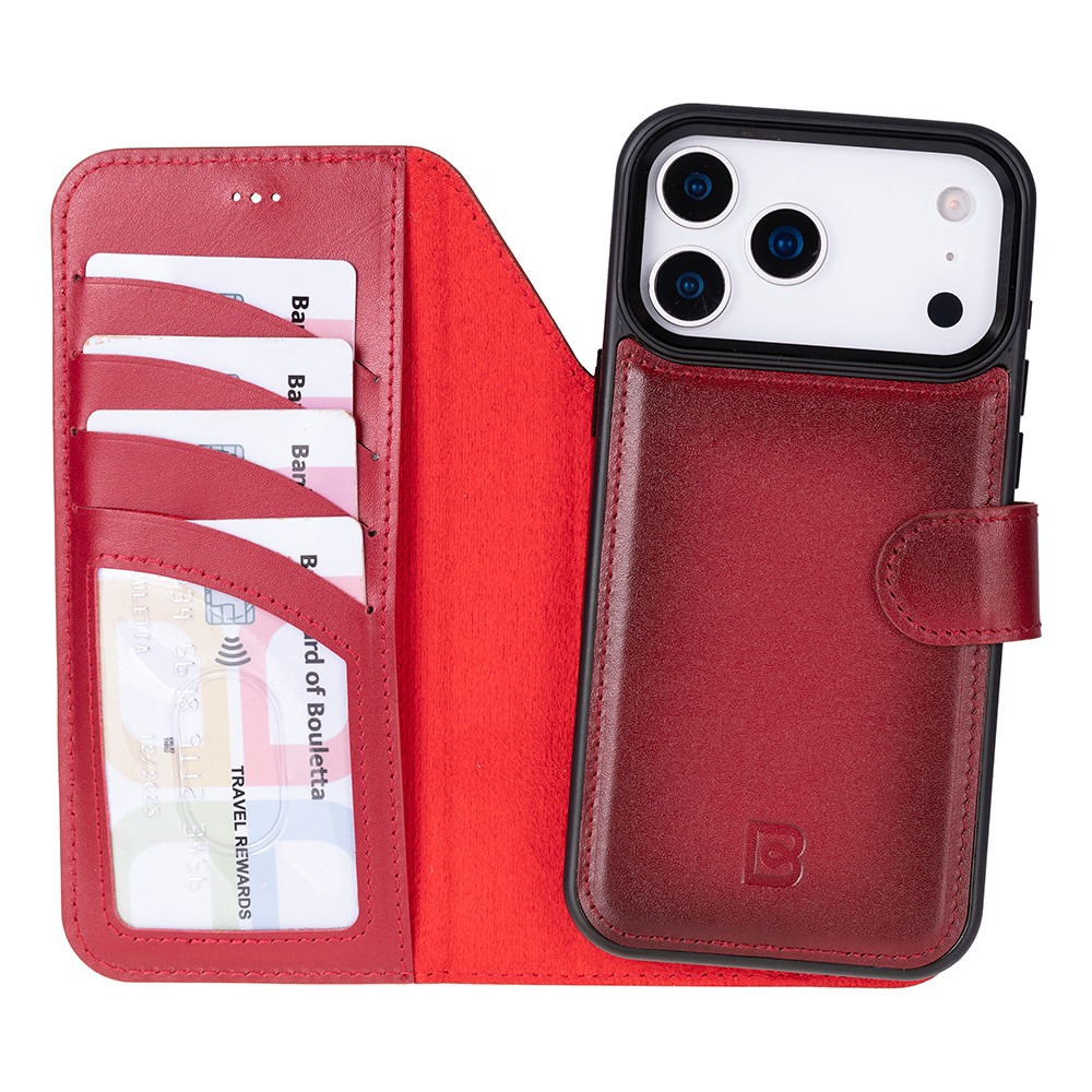 Husa piele naturala 2 in 1, cu MagSafe, tip portofel + back cover, iPhone 17 Pro Max - Bouletta Magic Wallet, Burnished red