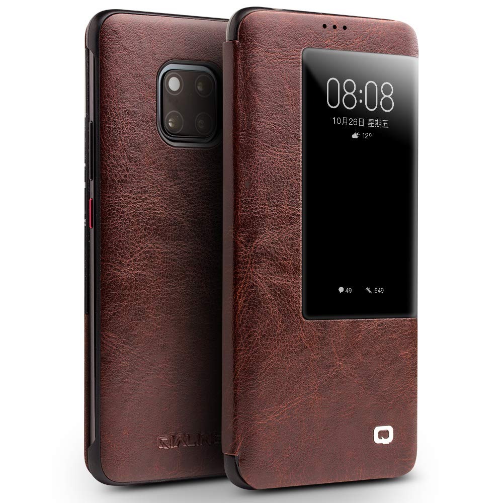 Husa slim din piele fina naturala, smart cover, Huawei Mate 20 Pro - Qialino Smart Leather, Maro coffee