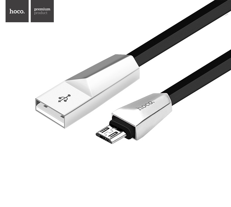 Cablu incarcare USB + Micro USB, capete din aliaj de zinc si cablu plat anti-incurcare - Hoco, Negru