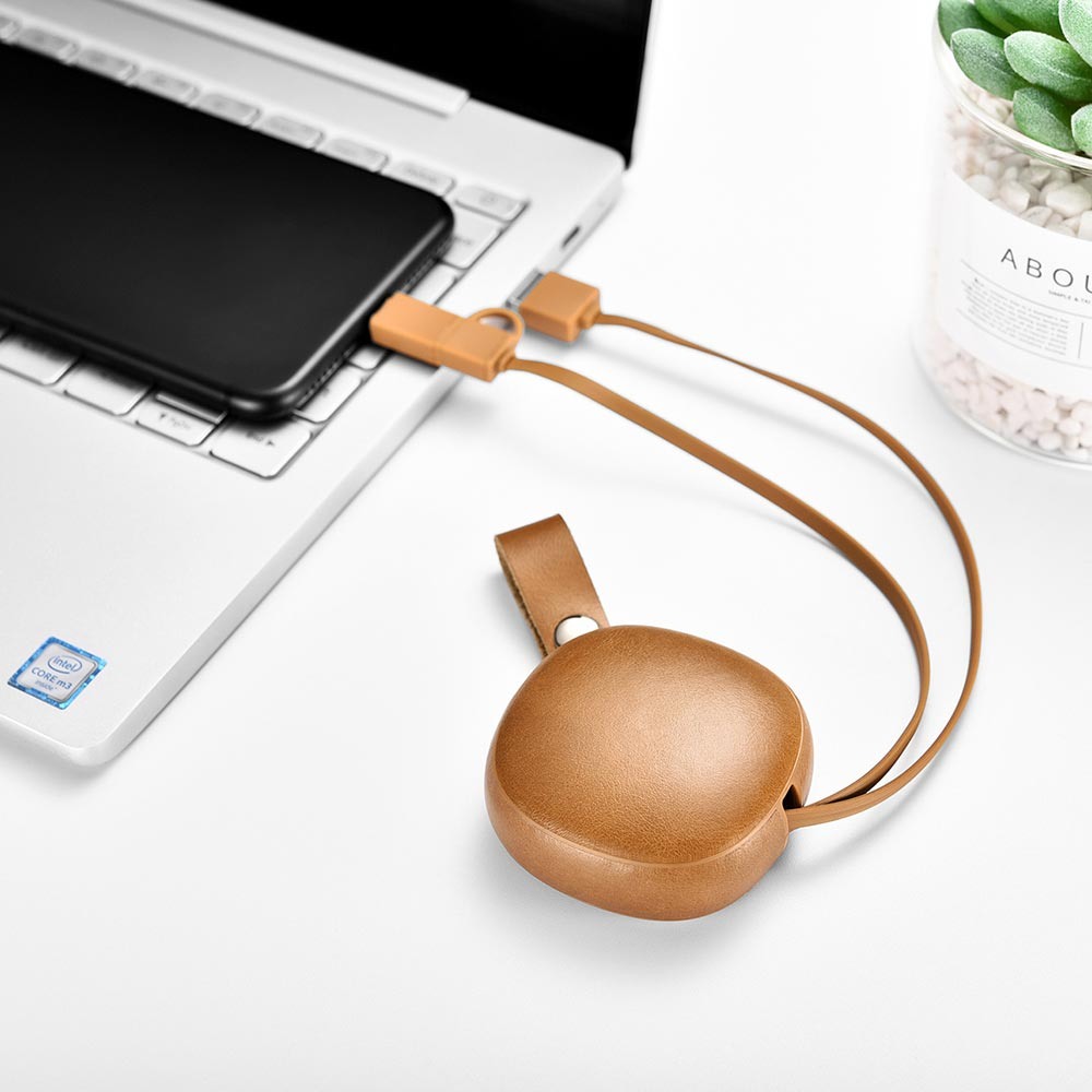 Cablu de incarcare retractabil 2 in 1, piele naturala, USB + Type-C / Micro USB - iCarer Vintage, Maro camel