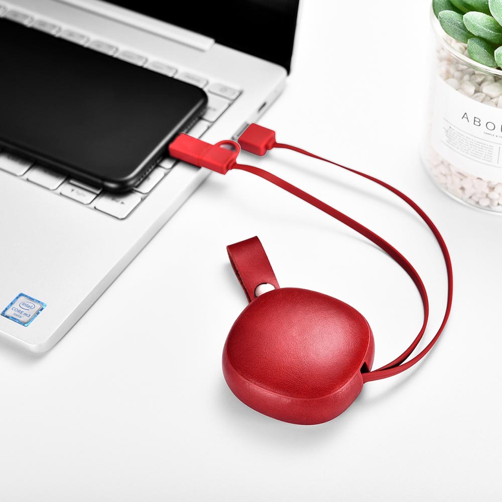 Cablu de incarcare retractabil 2 in 1, piele naturala, USB + Type-C / Micro USB - iCarer Vintage, Rosu burgund