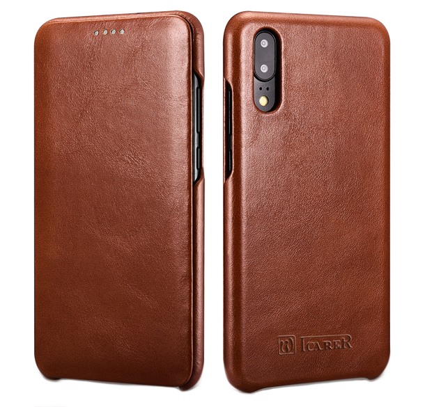 Husa din piele naturala, tip carte cu clapeta curbata, Huawei P20 - iCARER Vintage, Maro coniac