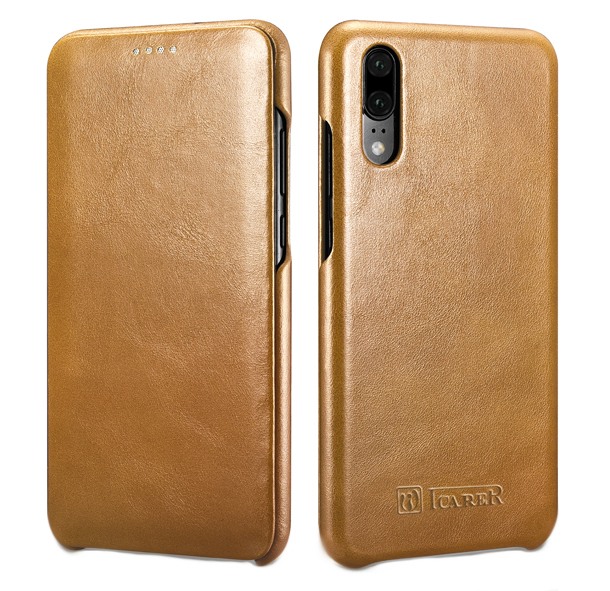 Husa din piele naturala, tip carte cu clapeta curbata, Huawei P20 - iCARER Vintage, Camel