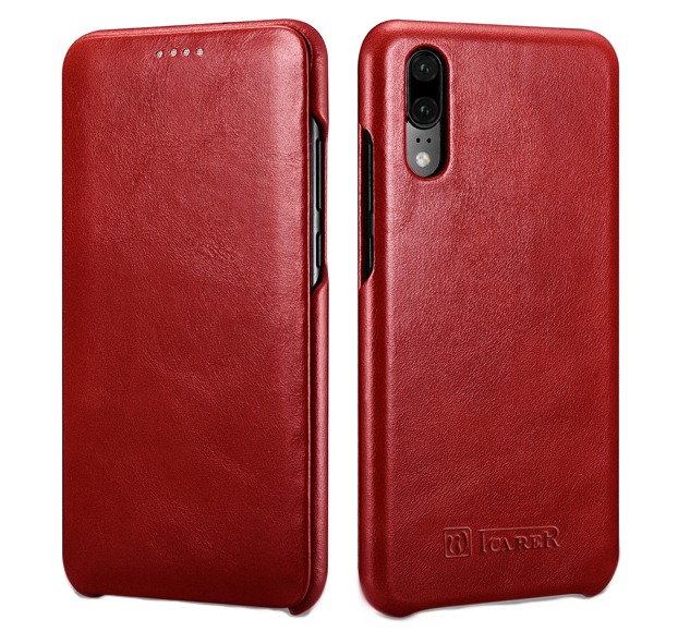 Husa din piele naturala, tip carte cu clapeta curbata, Huawei P20 - iCARER Vintage, Rosu burgund