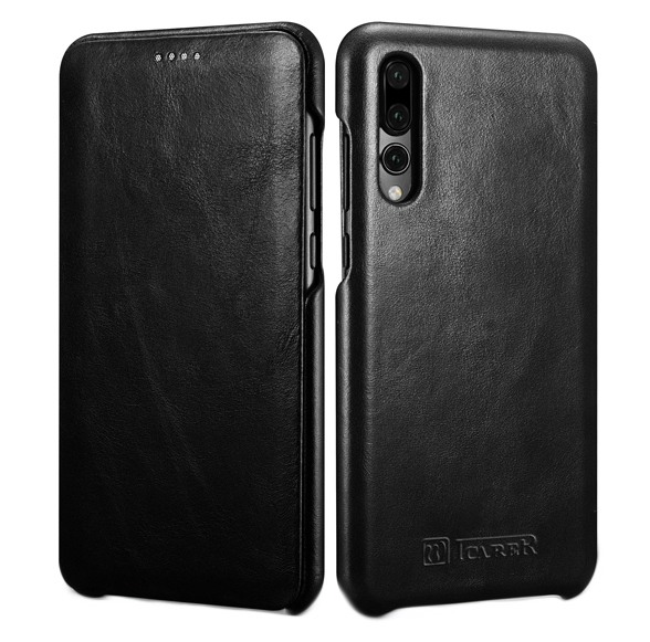Husa din piele naturala, tip carte cu clapeta curbata, Huawei P20 Pro - iCARER Vintage, Negru