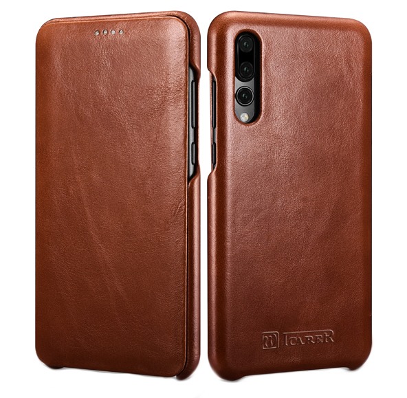 Husa din piele naturala, tip carte cu clapeta curbata, Huawei P20 Pro - iCARER Vintage, Maro coniac