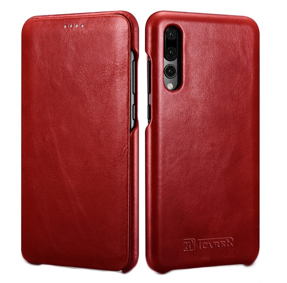 Husa din piele naturala, tip carte cu clapeta curbata, Huawei P20 Pro - iCARER Vintage, Rosu burgund