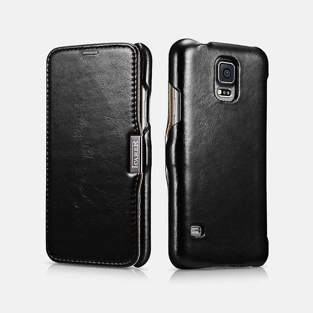 Husa din piele naturala, tip carte, Samsung Galaxy S5 / S5 Neo - iCARER Vintage, Negru