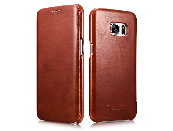 Husa din piele naturala, tip carte, Samsung Galaxy S7 Edge - iCARER Vintage, Maro coniac