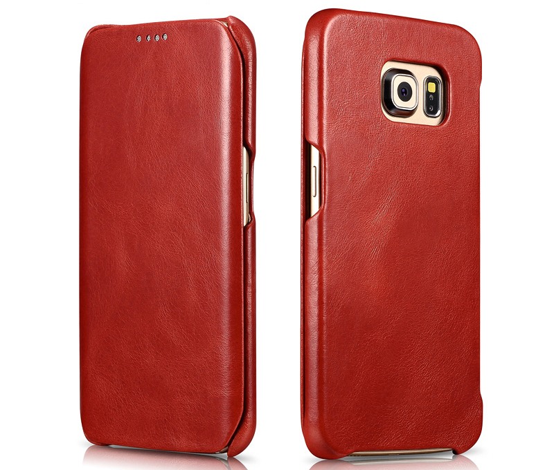 Husa din piele naturala, tip carte, Samsung Galaxy S6 Edge Plus - iCARER Vintage, Rosu burgund