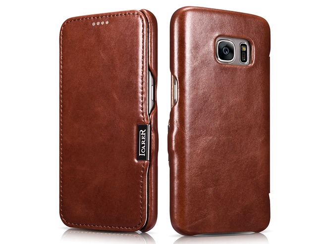 Husa din piele naturala, tip carte, Samsung Galaxy S7 - iCARER Vintage, Maro coniac