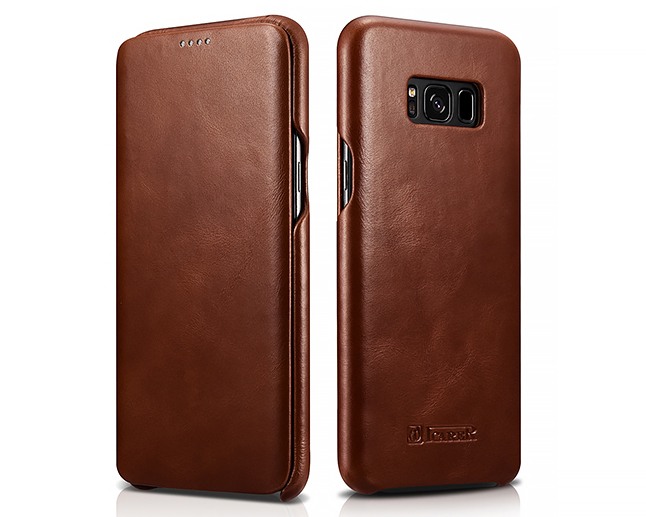 Husa din piele naturala, tip carte cu clapeta curbata, Samsung Galaxy S8 - iCARER Vintage, Maro coniac
