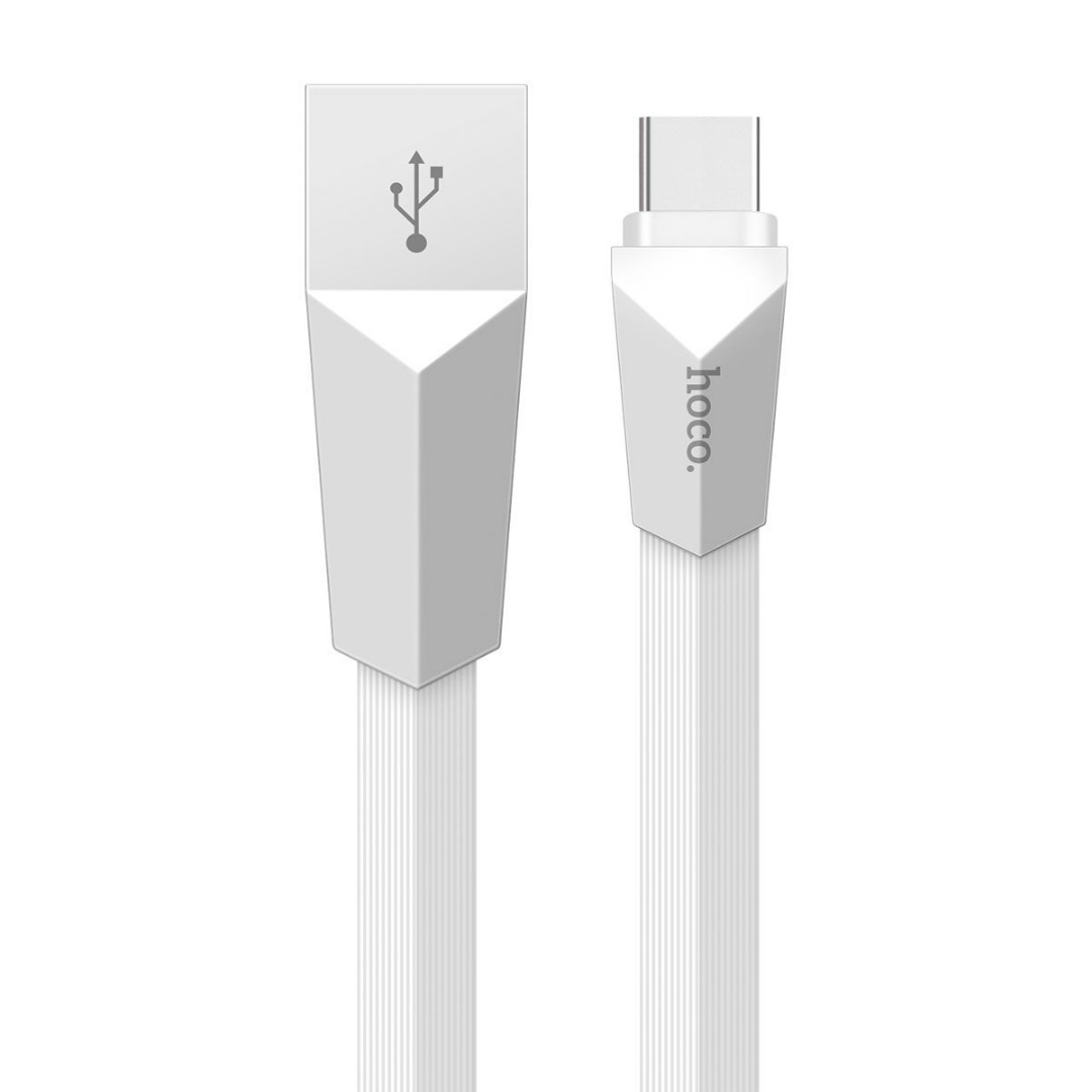 Cablu incarcare mufe din aliaj de zinc, cablu plat, rezistenta sporita, USB + Type C - Hoco, Alb