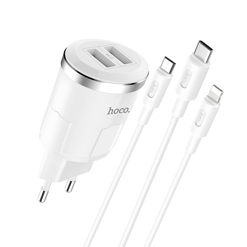 Incarcator retea (priza) cu doua porturi USB, cablu 3 in 1: Lightning + Micro USB + Type-C, incarcare rapida - Hoco, Alb