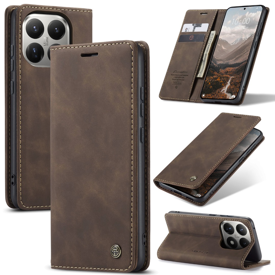 Husa pentru Xiaomi 15T– CaseMe, tip carte, piele, functie portofel, stand, finisaj catifelat, Maro - Vintage coffee