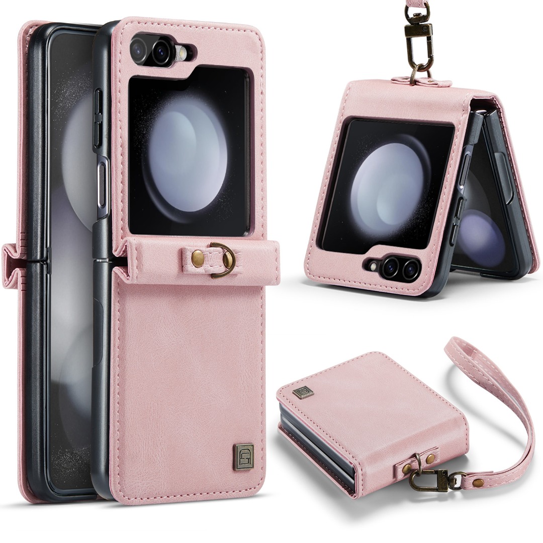 Husa piele textura moale, tip carcasa, protectie completa, curelusa mana detasabila, Samsung Galaxy Z Flip5, CaseMe Retro, Roz