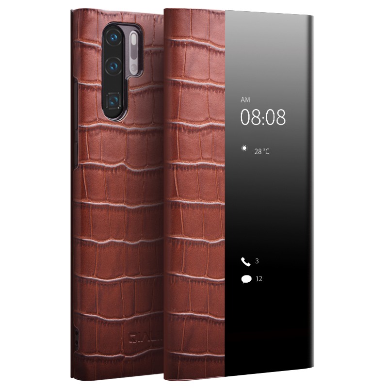 Husa slim din piele naturala, smart cover, Huawei P30 Pro - Qialino Smart window Crocodile pattern, Maro coniac