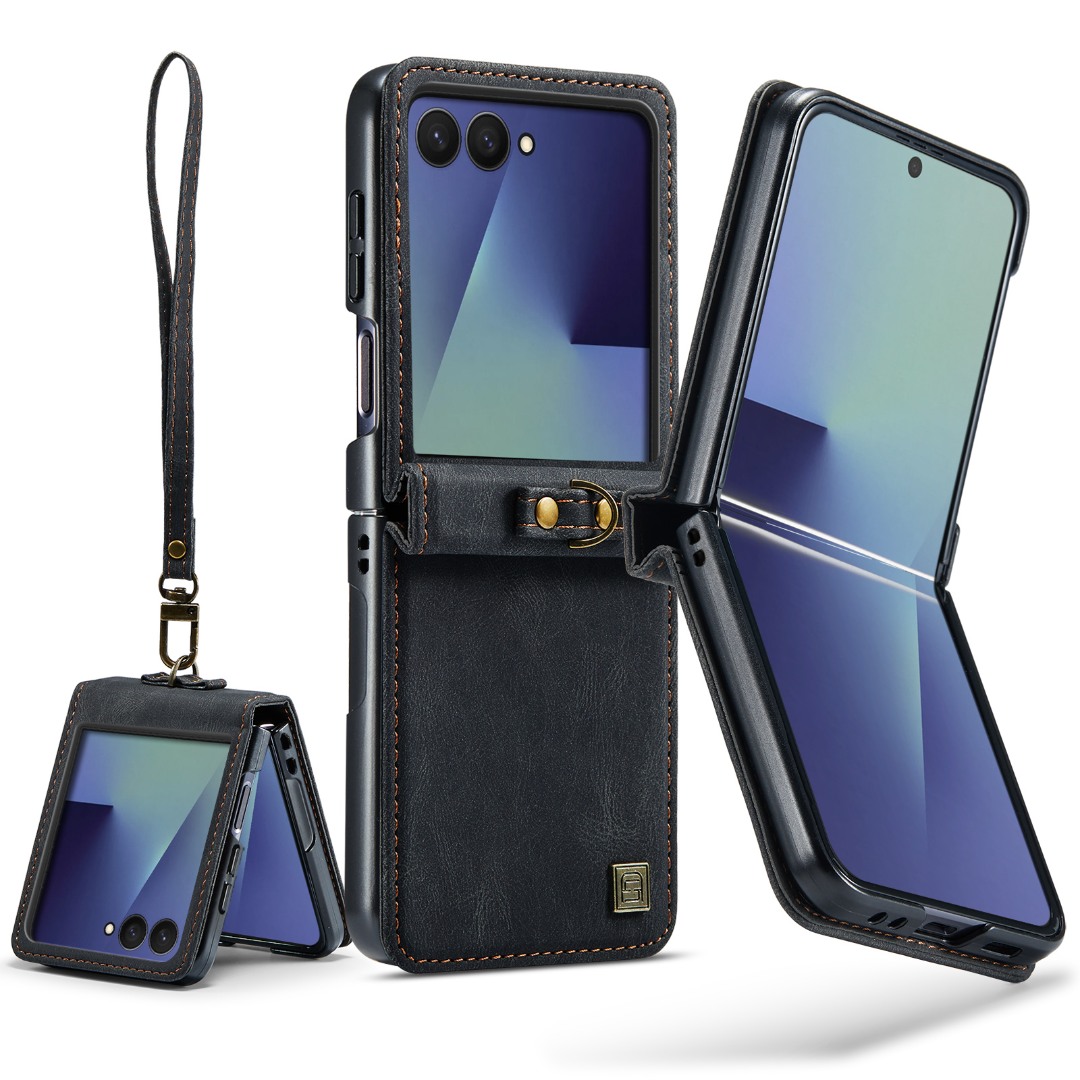 Husa pentru Samsung Galaxy Z Flip7, piele cu textura moale, carcasa cu curelusa de mana detasabila, protectie pentru balama si colturi, CaseMe Retro, Negru - Ash Black