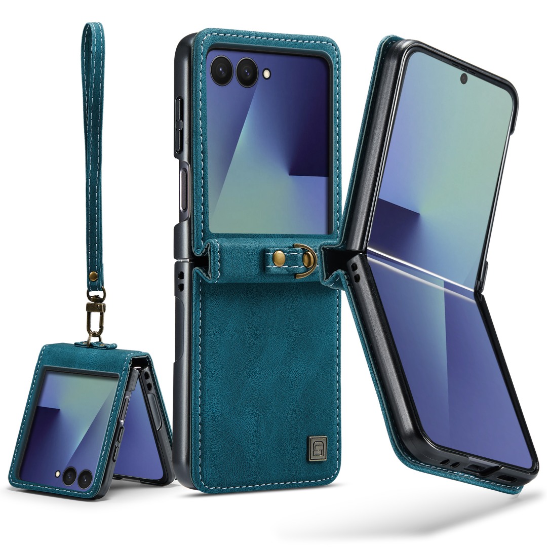 Husa pentru Samsung Galaxy Z Flip7, piele cu textura moale, carcasa cu curelusa de mana detasabila, protectie pentru balama si colturi, CaseMe Retro, Albastru - Ocean Teal