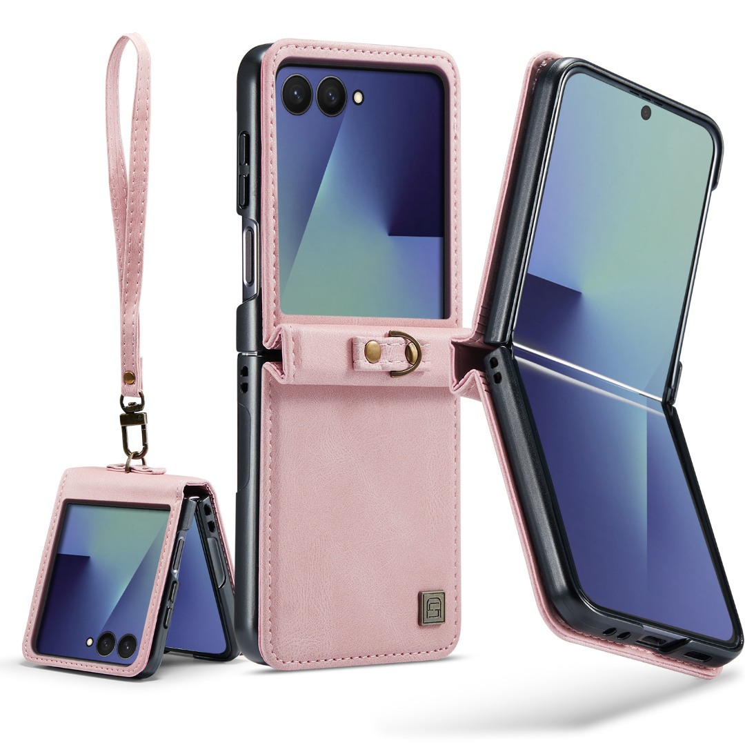 Husa pentru Samsung Galaxy Z Flip7, piele cu textura moale, carcasa cu curelusa de mana detasabila, protectie pentru balama si colturi, CaseMe Retro, Roz - Dusty pink