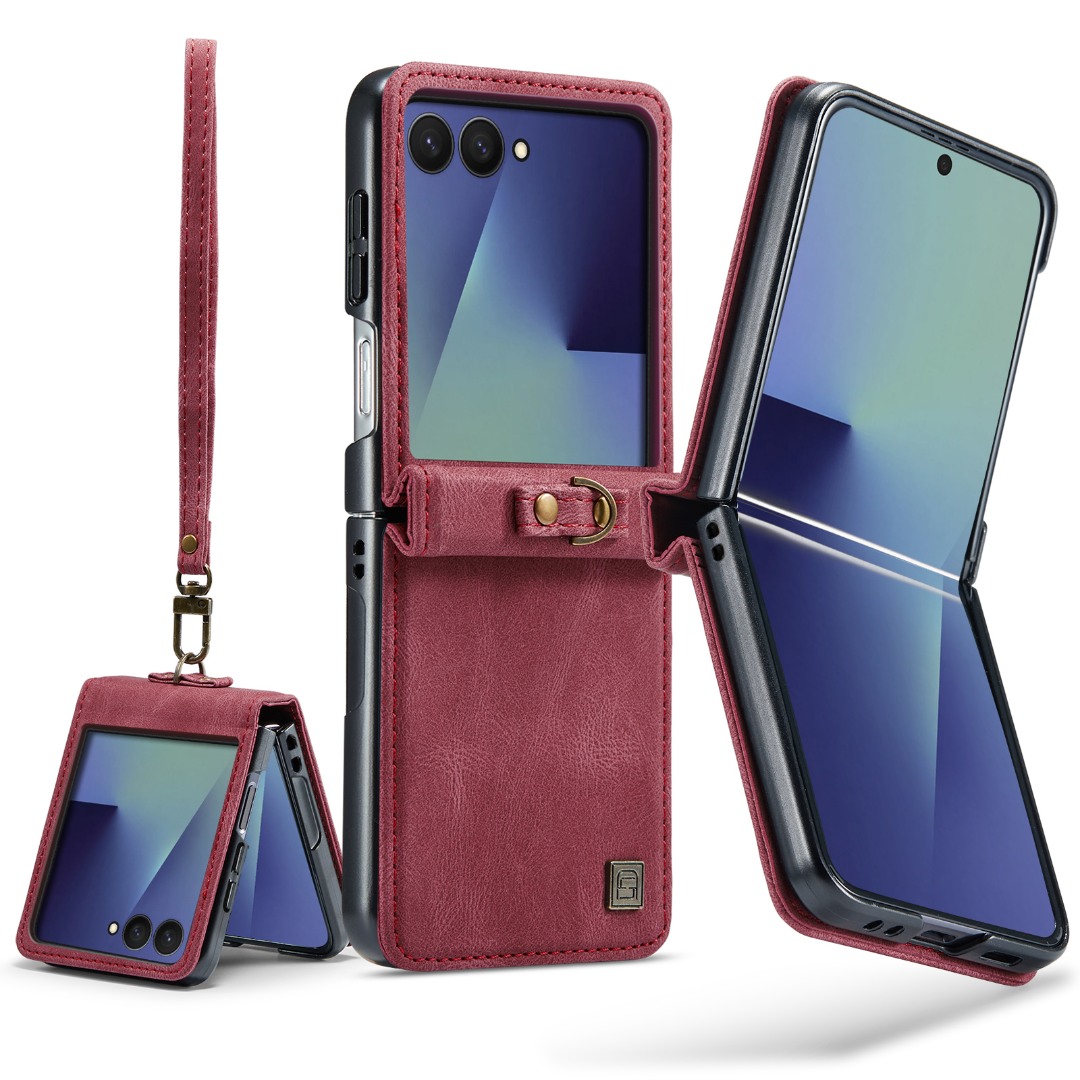 Husa pentru Samsung Galaxy Z Flip7, piele cu textura moale, carcasa cu curelusa de mana detasabila, protectie pentru balama si colturi, CaseMe Retro, Rosu - Dusty red