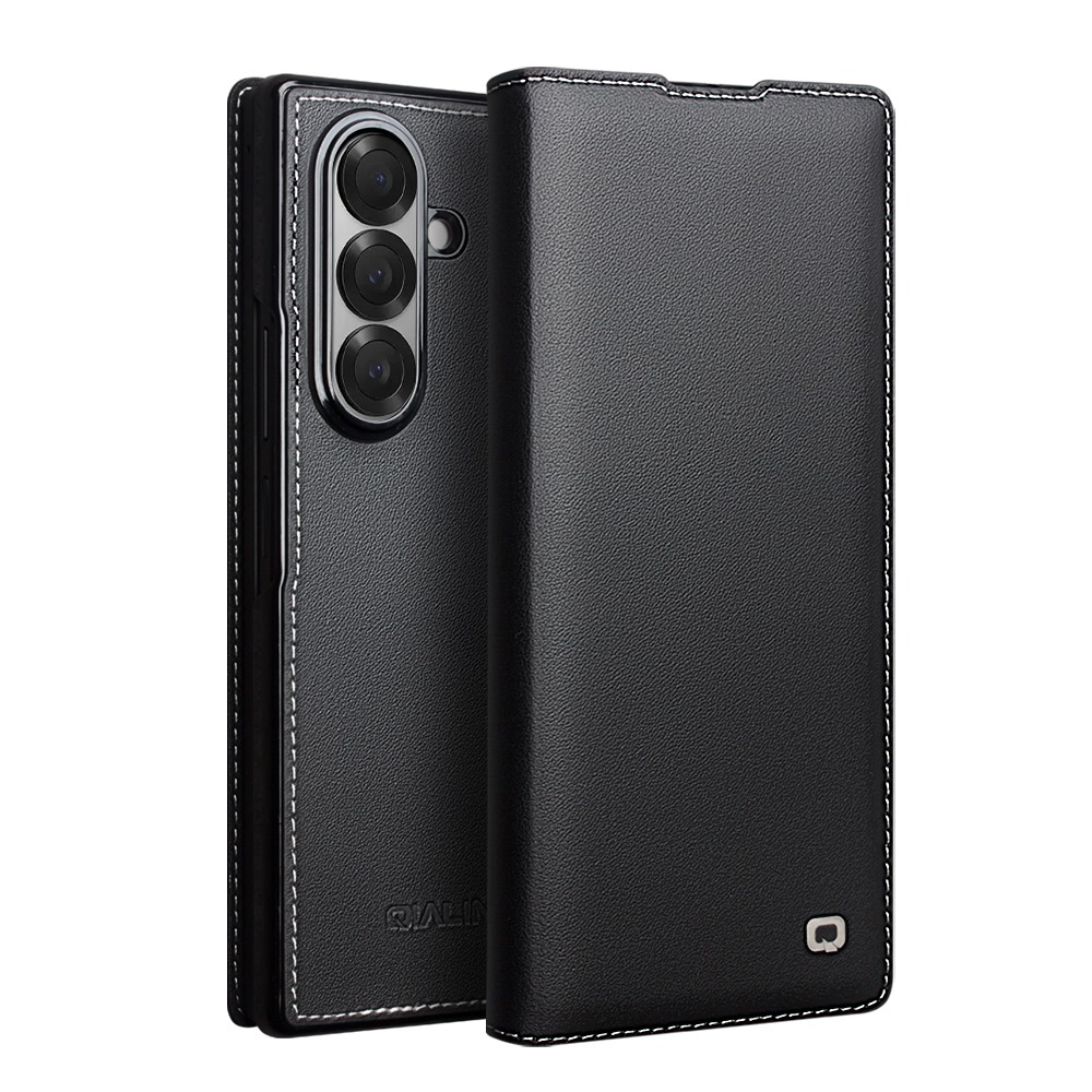 Husa din piele naturala pentru Samsung Z Fold7, design elegant, finisaj premium, cusatura alba in contrast, tip carte, slim, suport video, Qialino Full Grain, Negru - Urban Black