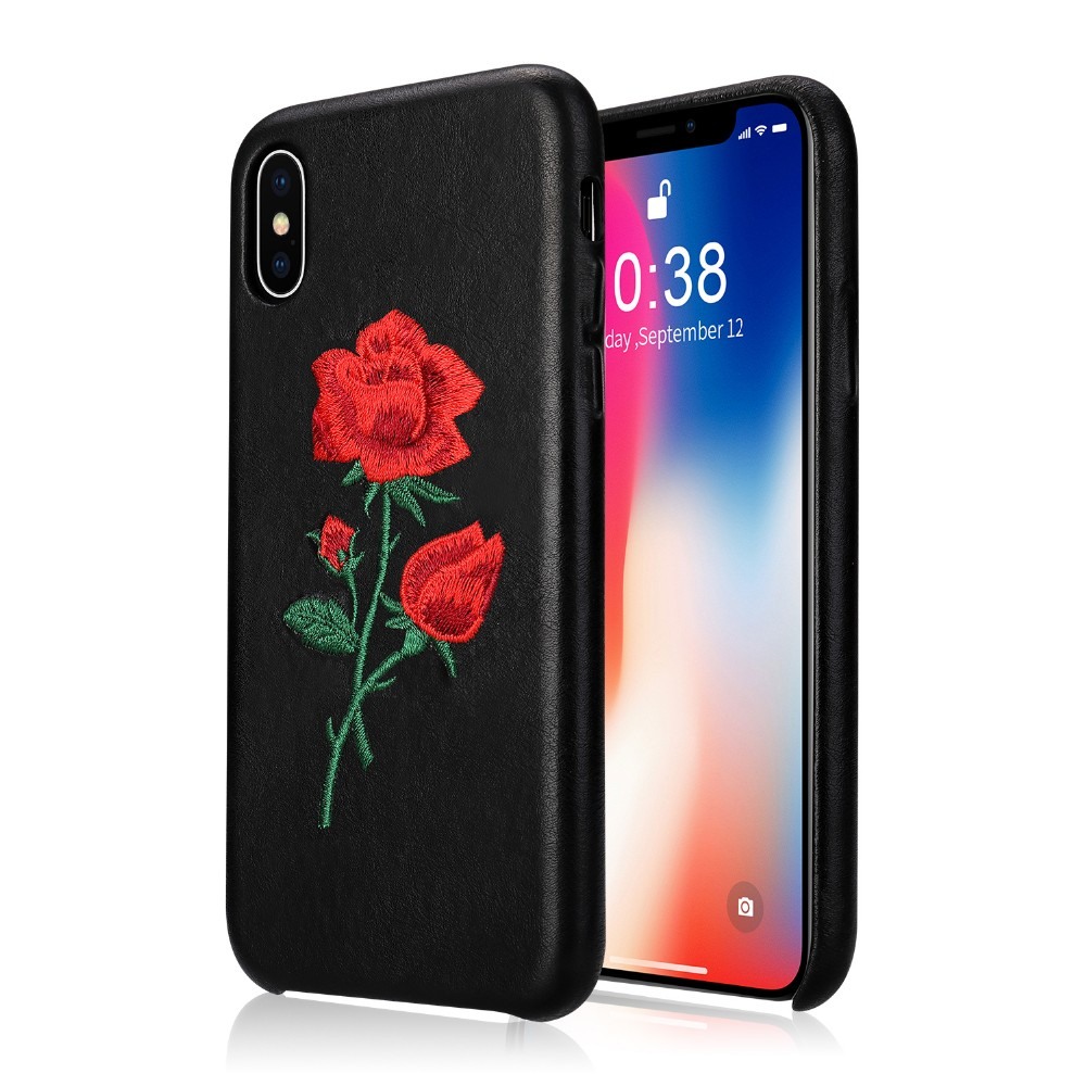 Husa din piele naturala cu trandafir brodat, tip back cover, iPhone X / XS - Jison Case, Negru