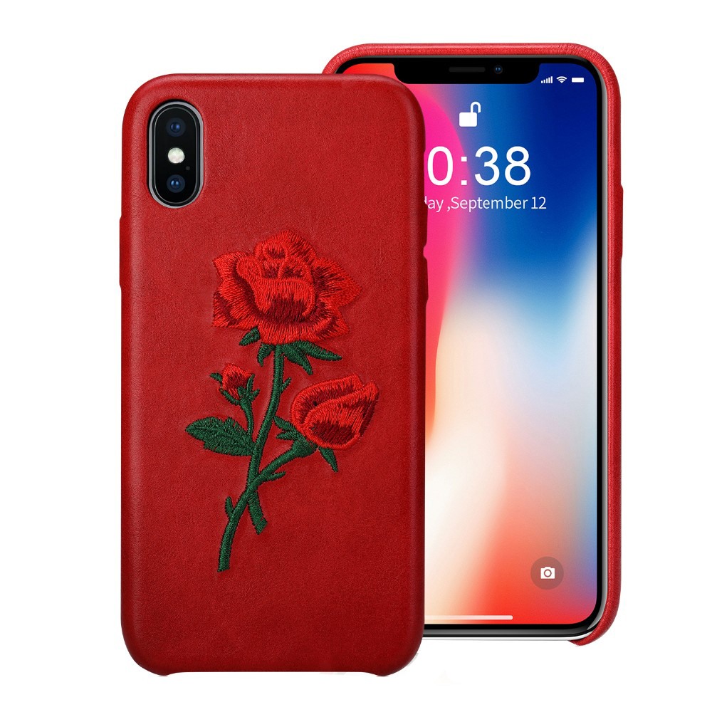 Husa din piele naturala cu trandafir brodat, tip back cover, iPhone X / XS - Jison Case, Rosu