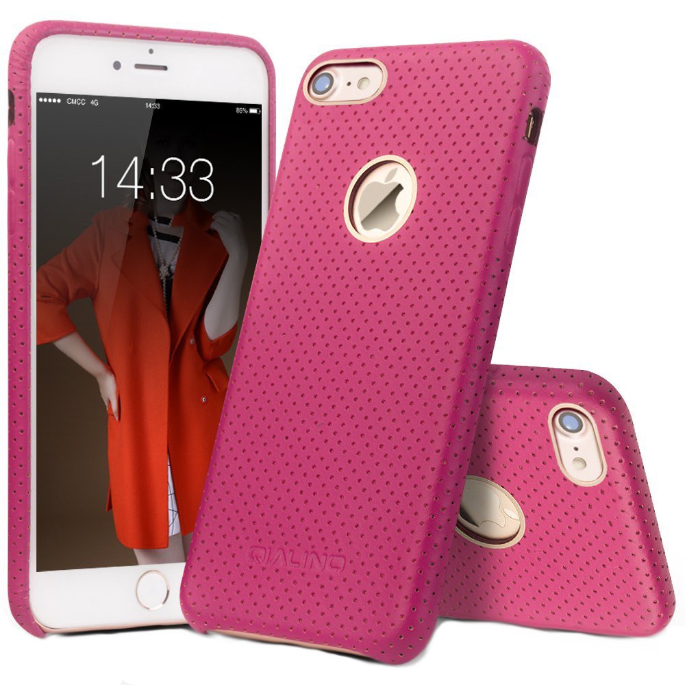 Husa piele naturala perforata, tip back cover, iPhone 7 - Qialino Limousine, Roz