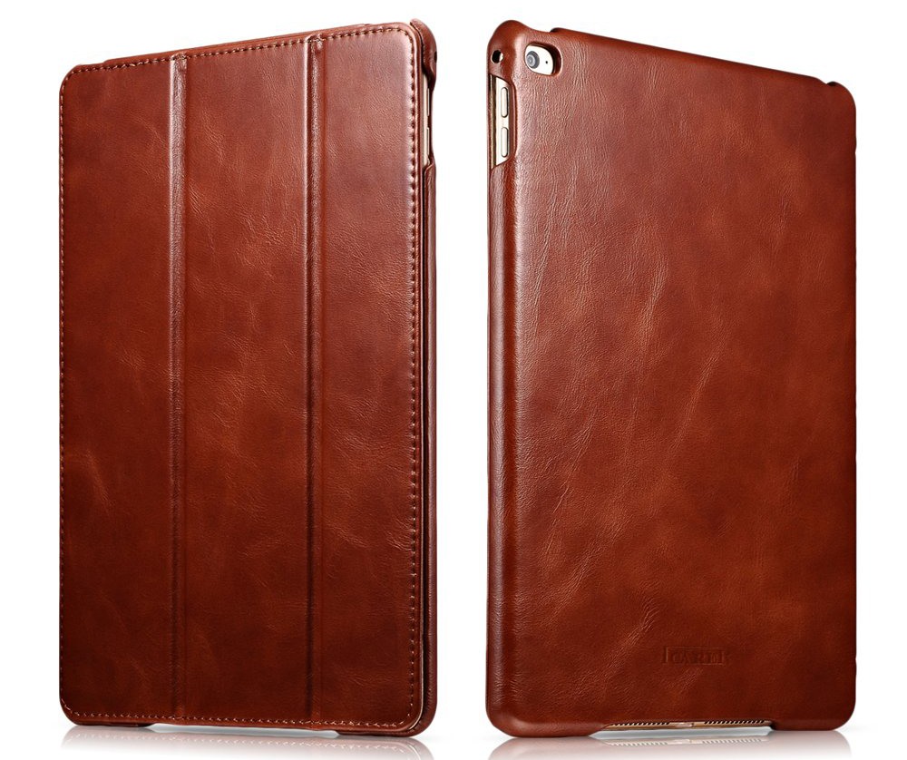 Husa din piele naturala, smart cover, functie stand, iPad Air 2 - iCARER Vintage, Maro coniac