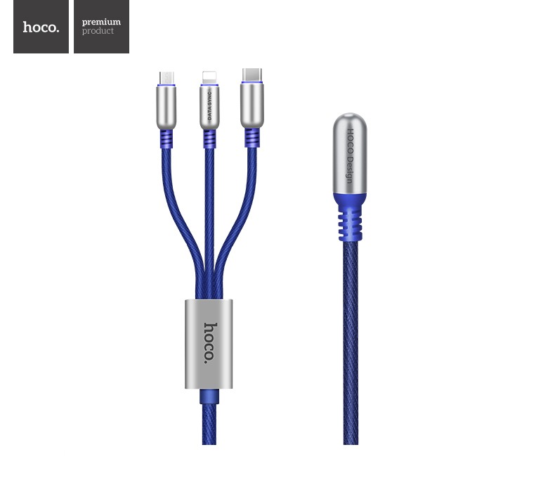 Cablu incarcare, textil impletit , capete aliaj zinc, multifunctional 3 in 1, mufa Lightning + Micro USB + Type-C - Hoco, Albastru indigo