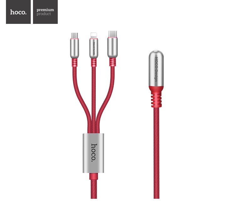 Cablu incarcare, textil impletit , capete aliaj zinc, multifunctional 3 in 1, mufa Lightning + Micro USB + Type-C - Hoco, Rosu