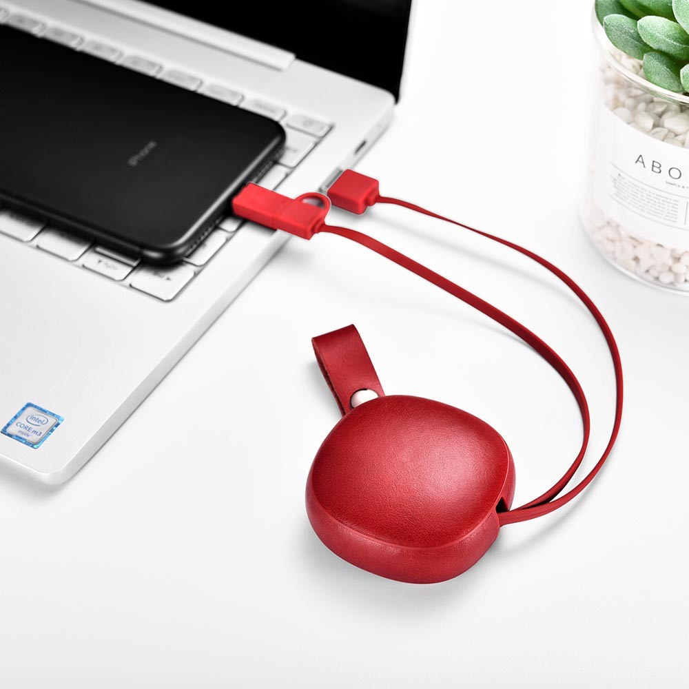 Cablu de incarcare retractabil 2 in 1, piele naturala, USB + Lightning / Micro USB - iCarer Vintage, Rosu burgund